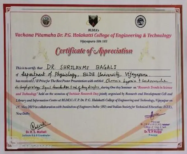 dr_shrilaxmi_bagali_certificate_of_FIRST PRIZE FOR BEST POSTER PRESENTATION BLDEA’s Dr P. G. Halakatti College of Engineering and Technology, Vijayapura