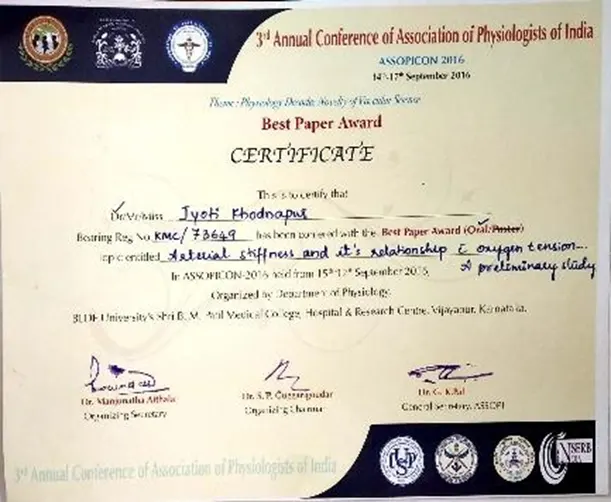 jyoti_khodnapur_BEST PAPER AWARD
        3rd Annual conference of association of Physiologists of India, ASSOPICON 2016, during 14th to 17th September, 2016