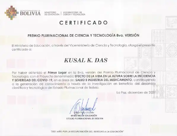 Pluri national Science & Technology Award 1st Prize State Of Bolivia
